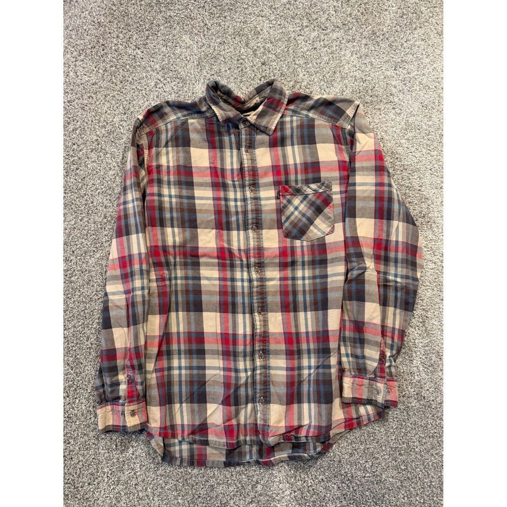 KAVU Shirt Mens XL Red Beige Blue Plaid Flannel Long Sleeve Button Up Hiking